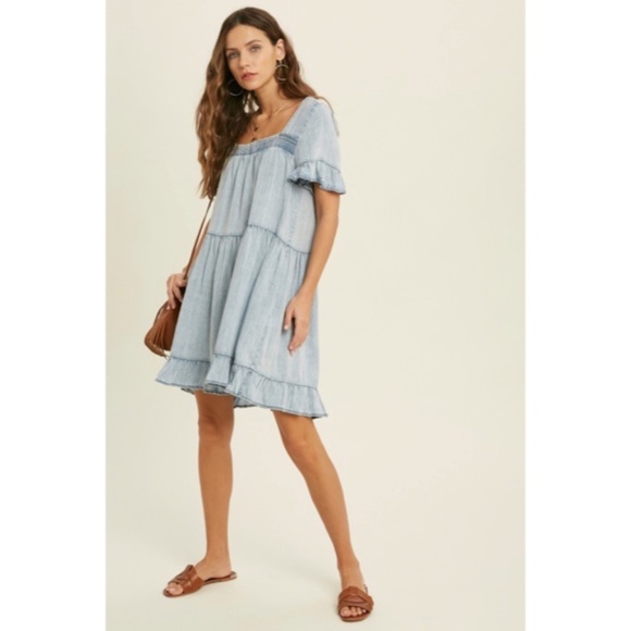 Denim Tencel Square Neck Short Sleeve Ruffle Trim Babydoll Casual Mini Dress - Picture 8 of 11